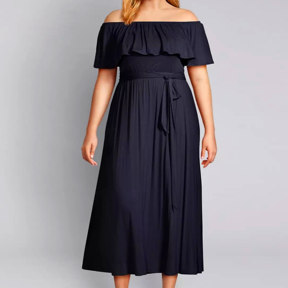 Lane Bryant Off-the-Shoulder Belted Convertible Maxi Dress Navy Night Sky Blue